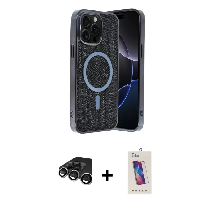MARSİLYAN™- iPhone 15 Pro Kılıf Eksen Çizgi - Siyah Joko 5D Cam + Raze Metal Kamera Lens - GS