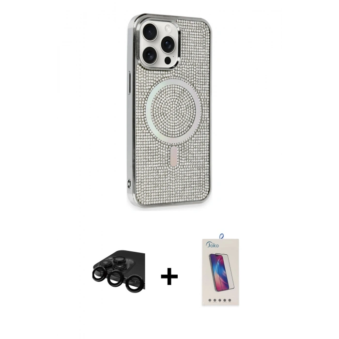 MARSİLYAN™- iPhone 15 Pro Kılıf Eksen Çizgi - Siyah Joko 5D Cam + Siyah Raze Metal Kamera Lens