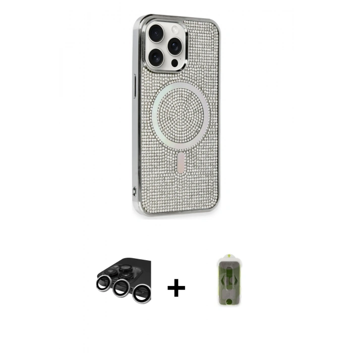 MARSİLYAN™- iPhone 15 Pro Kılıf Eksen Çizgi - Siyah Joko Magic 5D Hayalet Cam + Gümüş Raze Metal Kamera Lens