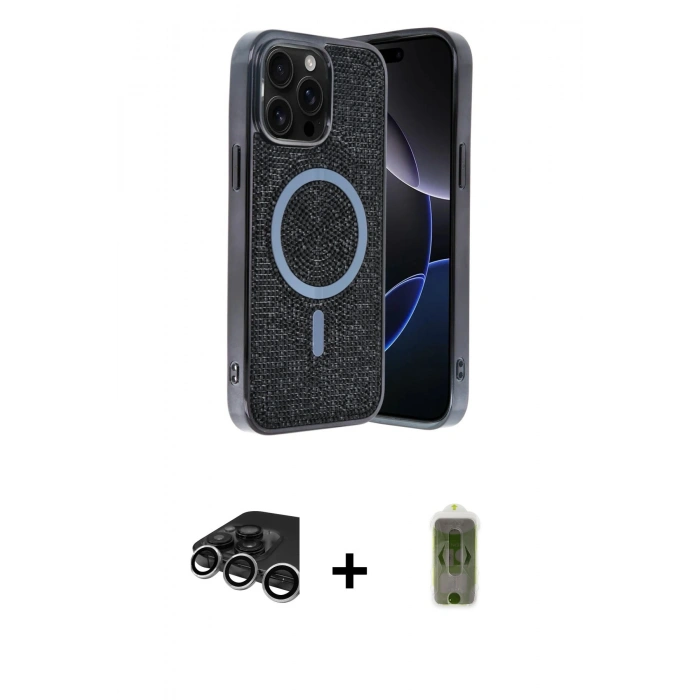 MARSİLYAN™- iPhone 15 Pro Kılıf Eksen Çizgi - Siyah Joko Magic 5D Hayalet Cam + Gümüş Raze Metal Kamera Lens