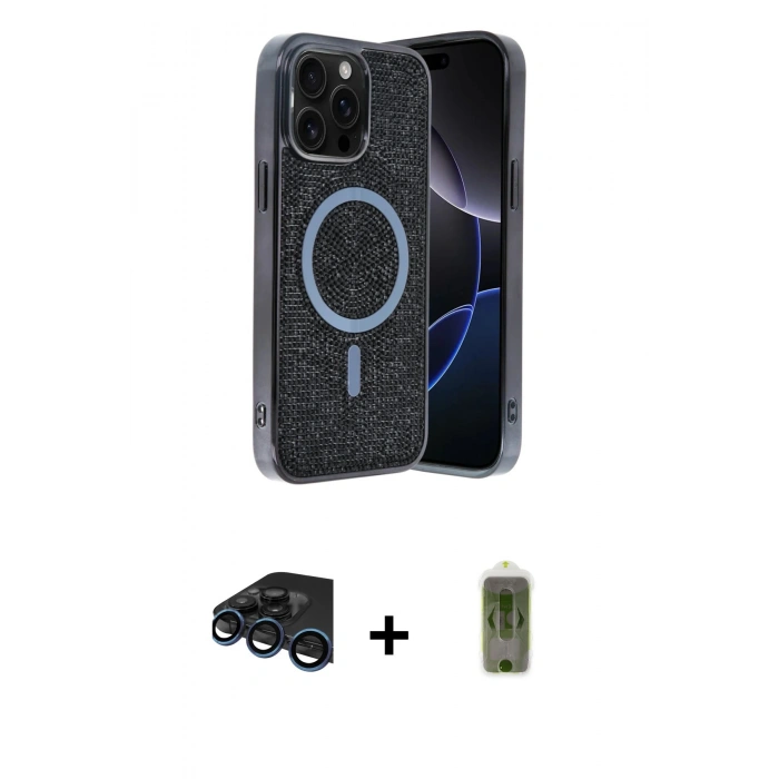 MARSİLYAN™- iPhone 15 Pro Kılıf Eksen Çizgi - Siyah Joko Magic 5D Hayalet Cam + Raze Metal Kamera Lens - LT
