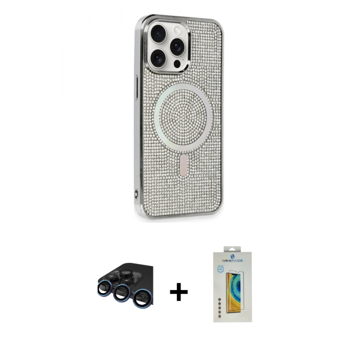 MARSİLYAN™- iPhone 15 Pro Kılıf Eksen Çizgi - Siyah Polymer Nano Ekran Koruyucu + Raze Metal Kamera Lens - LT