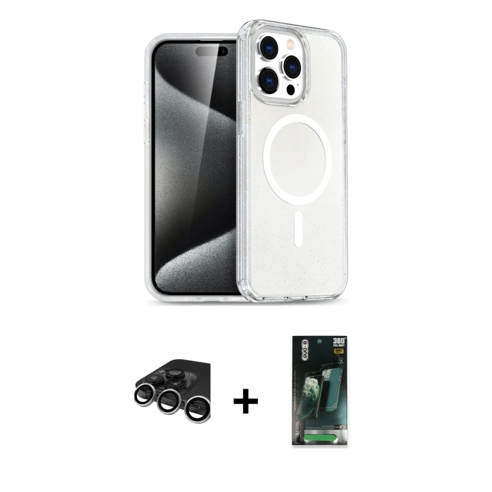 MARSİLYAN™- iPhone 15 Pro Kılıf Eksen Doku Koleksiyonu - Şeffaf 360 Full Body Arka Koruyucu + Raze Metal Kamera Lens - GS