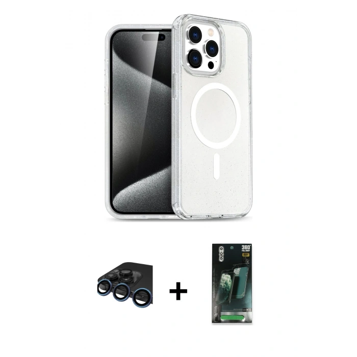 MARSİLYAN™- iPhone 15 Pro Kılıf Eksen Doku Koleksiyonu - Şeffaf 360 Full Body Arka Koruyucu + Raze Metal Kamera Lens - LT