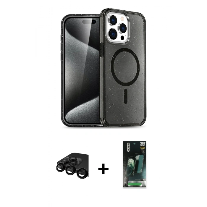 MARSİLYAN™- iPhone 15 Pro Kılıf Eksen Doku Koleksiyonu - Şeffaf 360 Full Body Arka Koruyucu + Raze Metal Kamera Lens - SH