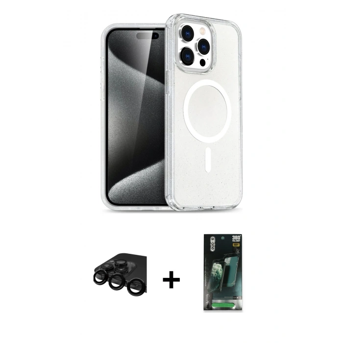 MARSİLYAN™- iPhone 15 Pro Kılıf Eksen Doku Koleksiyonu - Şeffaf 360 Full Body Arka Koruyucu + Raze Metal Kamera Lens - SH