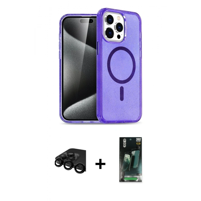 MARSİLYAN™- iPhone 15 Pro Kılıf Eksen Doku Koleksiyonu - Şeffaf 360 Full Body Arka Koruyucu + Raze Metal Kamera Lens - SH