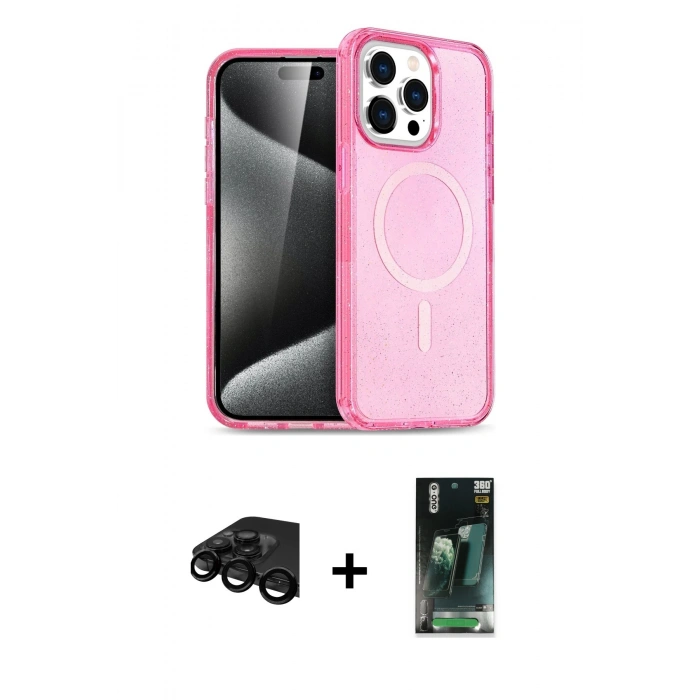 MARSİLYAN™- iPhone 15 Pro Kılıf Eksen Doku Koleksiyonu - Şeffaf 360 Full Body Arka Koruyucu + Raze Metal Kamera Lens - SH