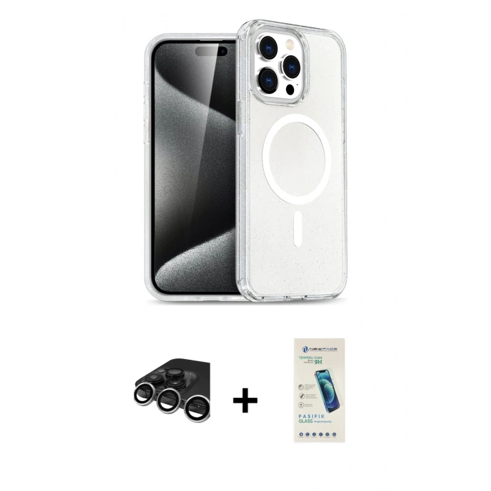 MARSİLYAN™- iPhone 15 Pro Kılıf Eksen Doku Koleksiyonu - Şeffaf Pasifik Cam Ekran Koruyucu + Raze Metal Kamera Lens - GS