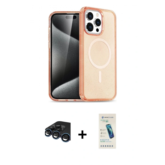 MARSİLYAN™- iPhone 15 Pro Kılıf Eksen Doku Koleksiyonu - Şeffaf Pasifik Cam Ekran Koruyucu + Raze Metal Kamera Lens - LT