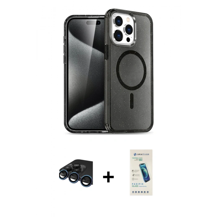 MARSİLYAN™- iPhone 15 Pro Kılıf Eksen Doku Koleksiyonu - Şeffaf Pasifik Cam Ekran Koruyucu + Raze Metal Kamera Lens - LT