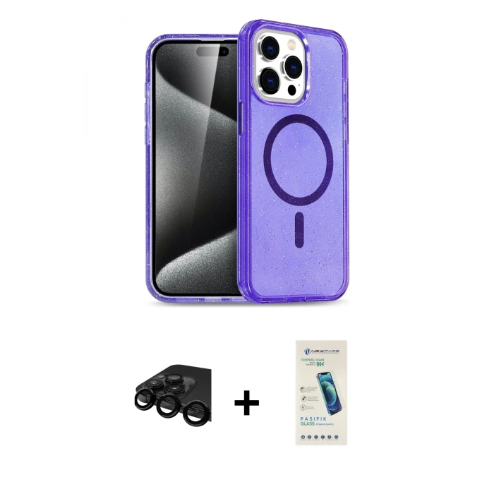 MARSİLYAN™- iPhone 15 Pro Kılıf Eksen Doku Koleksiyonu - Şeffaf Pasifik Cam Ekran Koruyucu + Raze Metal Kamera Lens - SH