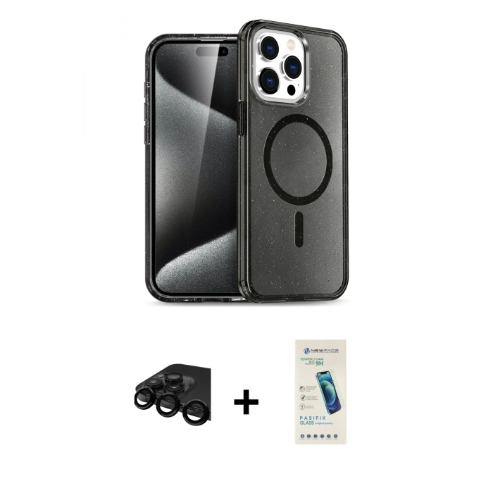 MARSİLYAN™- iPhone 15 Pro Kılıf Eksen Doku Koleksiyonu - Şeffaf Pasifik Cam Ekran Koruyucu + Raze Metal Kamera Lens - SH