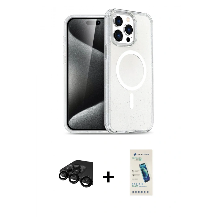 MARSİLYAN™- iPhone 15 Pro Kılıf Eksen Doku Koleksiyonu - Şeffaf Pasifik Cam Ekran Koruyucu + Raze Metal Kamera Lens - SH