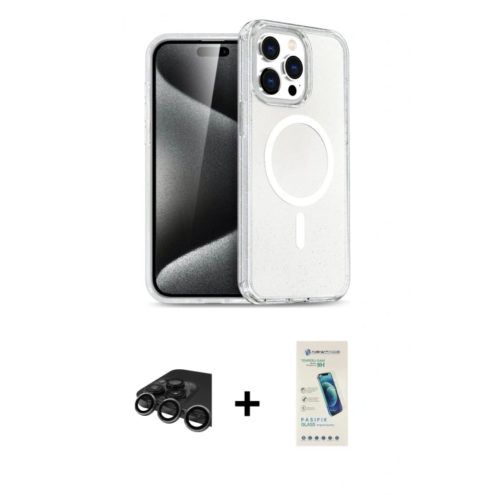 MARSİLYAN™- iPhone 15 Pro Kılıf Eksen Doku Koleksiyonu - Şeffaf Pasifik Cam Ekran Koruyucu + Raze Metal Kamera Lens - TMGI