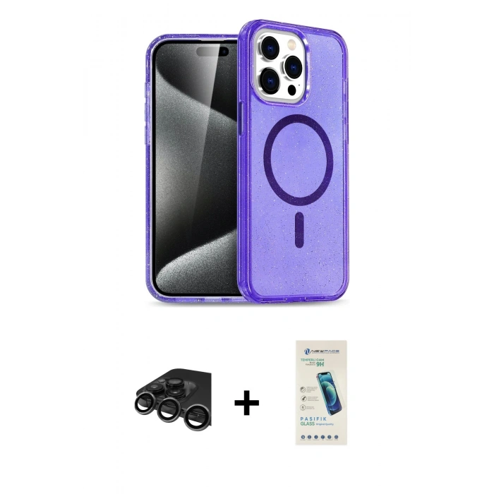 MARSİLYAN™- iPhone 15 Pro Kılıf Eksen Doku Koleksiyonu - Şeffaf Pasifik Cam Ekran Koruyucu + Raze Metal Kamera Lens - TMGI