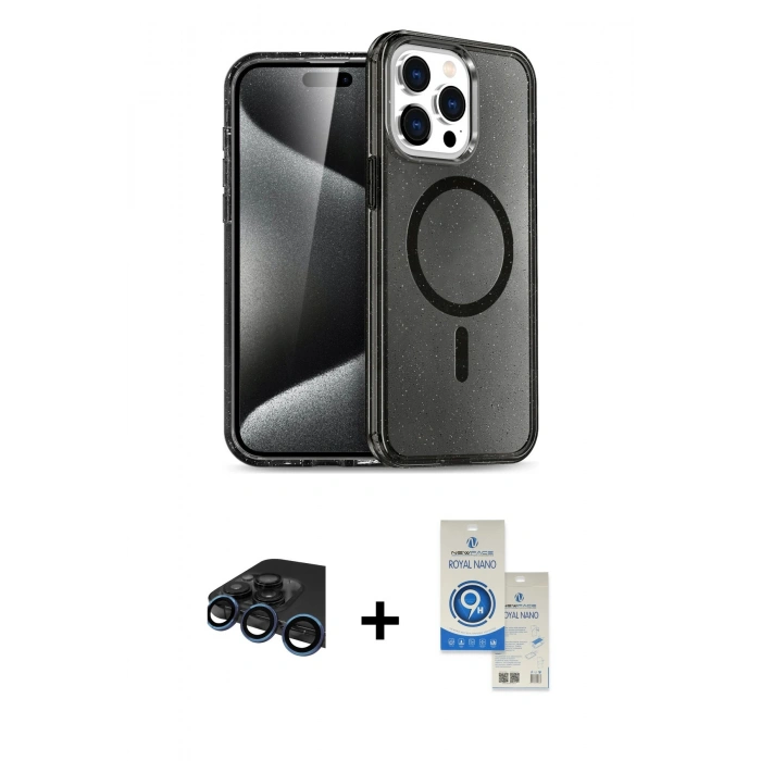 MARSİLYAN™- iPhone 15 Pro Kılıf Eksen Doku Koleksiyonu - Şeffaf Royal Nano Ekran Koruyucu + Raze Metal Kamera Lens - LT
