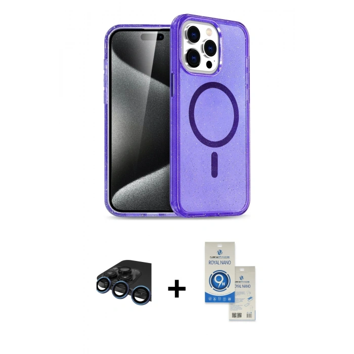 MARSİLYAN™- iPhone 15 Pro Kılıf Eksen Doku Koleksiyonu - Şeffaf Royal Nano Ekran Koruyucu + Raze Metal Kamera Lens - LT