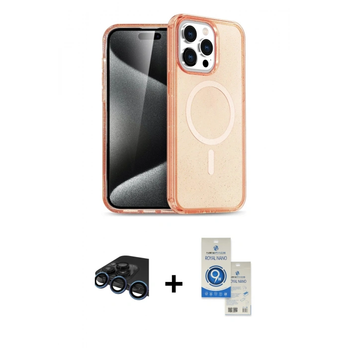 MARSİLYAN™- iPhone 15 Pro Kılıf Eksen Doku Koleksiyonu - Şeffaf Royal Nano Ekran Koruyucu + Raze Metal Kamera Lens - LT