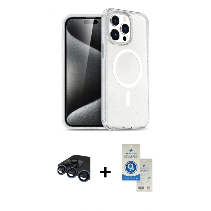 MARSİLYAN™- iPhone 15 Pro Kılıf Eksen Doku Koleksiyonu - Şeffaf Royal Nano Ekran Koruyucu + Raze Metal Kamera Lens - LT