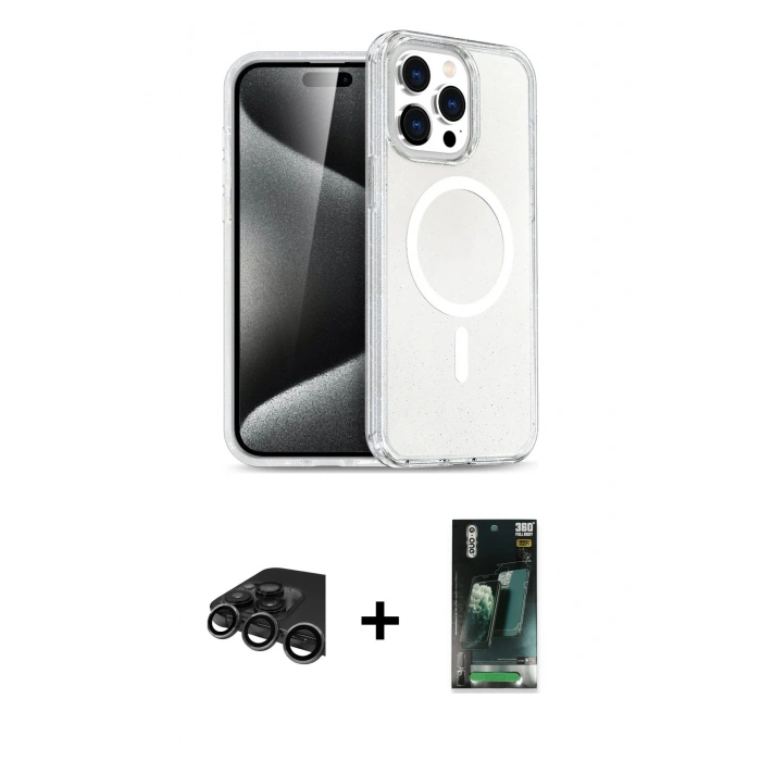 MARSİLYAN™- iPhone 15 Pro Kılıf Eksen Doku Koleksiyonu - Siyah 360 Mat Full Body Arka Koruyucu + Raze Metal Kamera Lens - TMGI