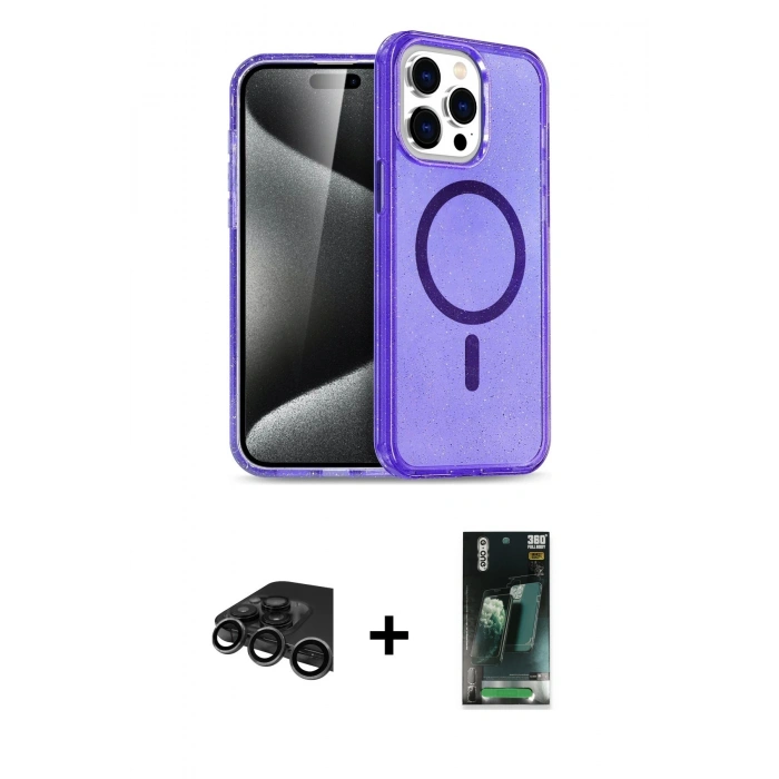 MARSİLYAN™- iPhone 15 Pro Kılıf Eksen Doku Koleksiyonu - Siyah 360 Mat Full Body Arka Koruyucu + Raze Metal Kamera Lens - TMGI