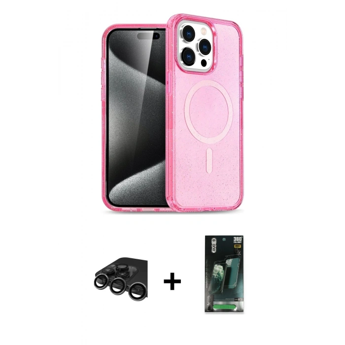 MARSİLYAN™- iPhone 15 Pro Kılıf Eksen Doku Koleksiyonu - Siyah 360 Mat Full Body Arka Koruyucu + Raze Metal Kamera Lens - TMGI