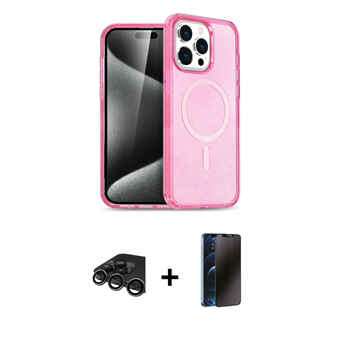 MARSİLYAN™- iPhone 15 Pro Kılıf Eksen Doku Koleksiyonu - Siyah 3D Antistatik Hayalet Cam Ekran Koruyucu + Raze Metal Kamera Lens - TMGI