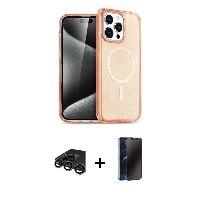 MARSİLYAN™- iPhone 15 Pro Kılıf Eksen Doku Koleksiyonu - Siyah 3D Antistatik Hayalet Cam Ekran Koruyucu + Raze Metal Kamera Lens - TMGI
