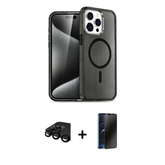MARSİLYAN™- iPhone 15 Pro Kılıf Eksen Doku Koleksiyonu - Siyah 3D Antistatik Hayalet Cam Ekran Koruyucu + Raze Metal Kamera Lens - SH