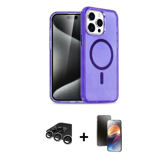 MARSİLYAN™- iPhone 15 Pro Kılıf Eksen Doku Koleksiyonu - Siyah 3D Antistatik Mat Seramik Nano Ekran Koruyucu + Raze Metal Kamera Lens - GS