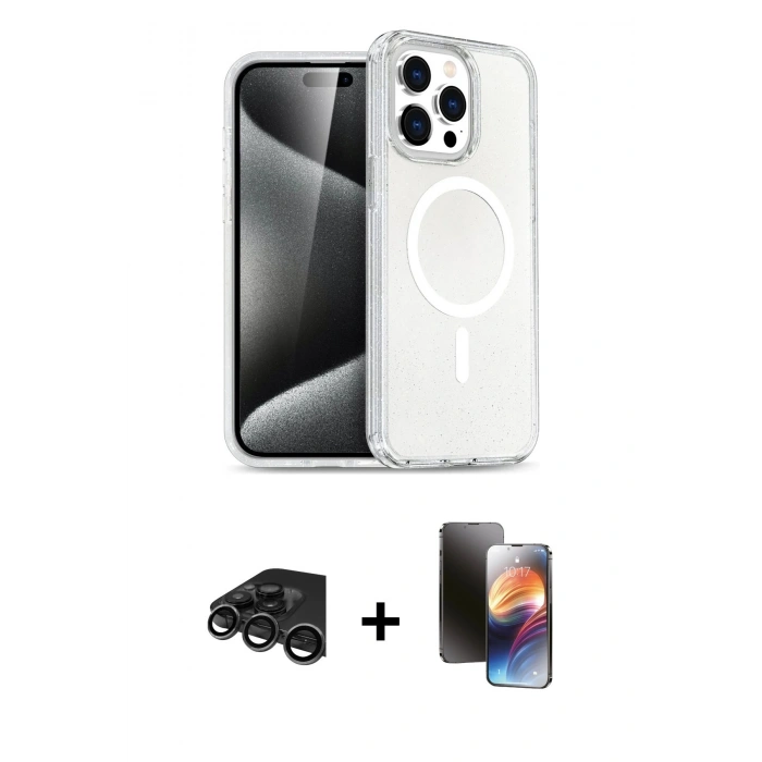 MARSİLYAN™- iPhone 15 Pro Kılıf Eksen Doku Koleksiyonu - Siyah 3D Antistatik Mat Seramik Nano Ekran Koruyucu + Raze Metal Kamera Lens - TMGI