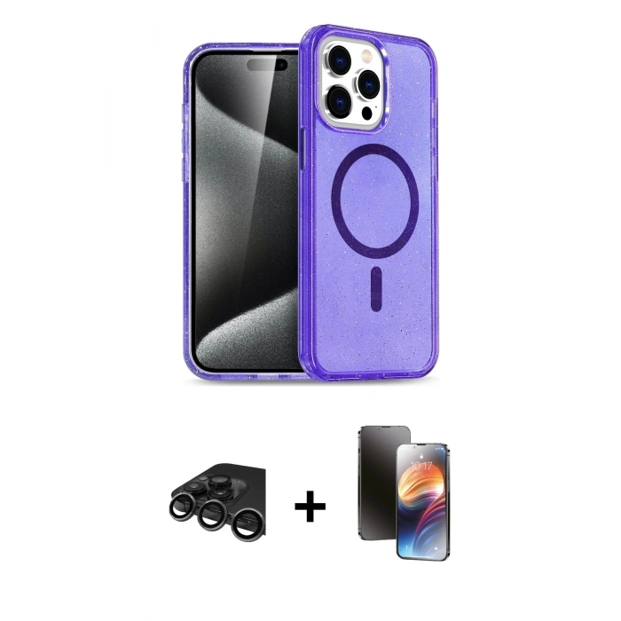 MARSİLYAN™- iPhone 15 Pro Kılıf Eksen Doku Koleksiyonu - Siyah 3D Antistatik Mat Seramik Nano Ekran Koruyucu + Raze Metal Kamera Lens - TMGI