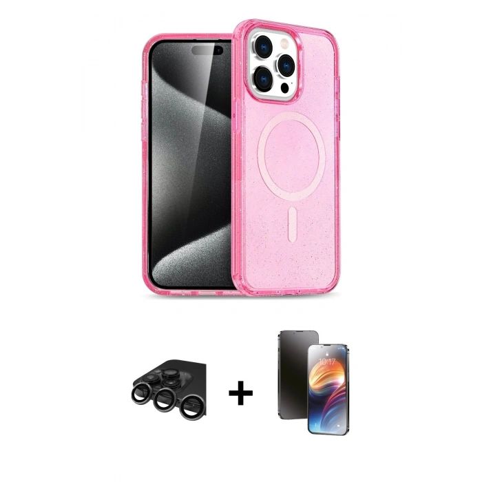 MARSİLYAN™- iPhone 15 Pro Kılıf Eksen Doku Koleksiyonu - Siyah 3D Antistatik Mat Seramik Nano Ekran Koruyucu + Raze Metal Kamera Lens - TMGI