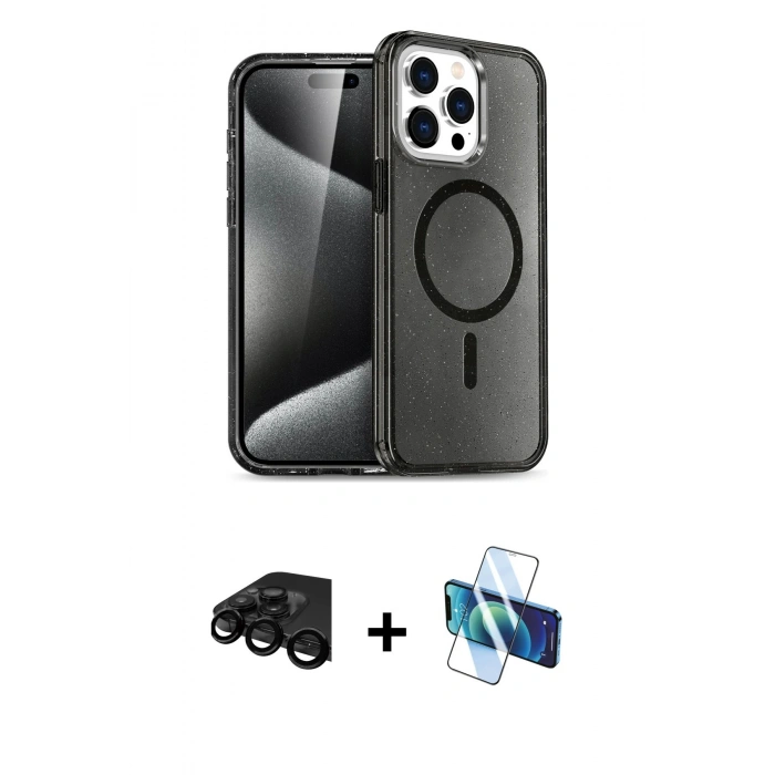 MARSİLYAN™- iPhone 15 Pro Kılıf Eksen Doku Koleksiyonu - Siyah 3D Antistatik Seramik Nano Ekran Koruyucu + Raze Metal Kamera Lens - SH