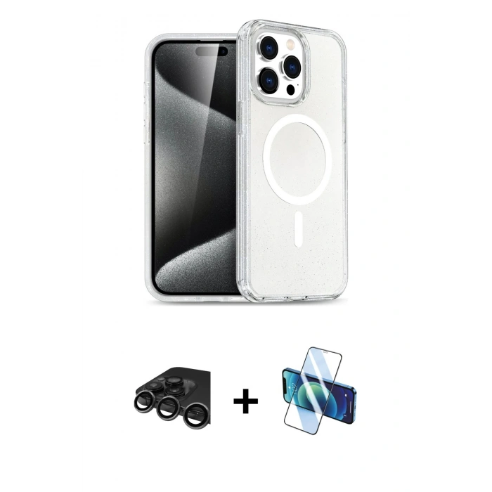 MARSİLYAN™- iPhone 15 Pro Kılıf Eksen Doku Koleksiyonu - Siyah 3D Antistatik Seramik Nano Ekran Koruyucu + Raze Metal Kamera Lens - TMGI