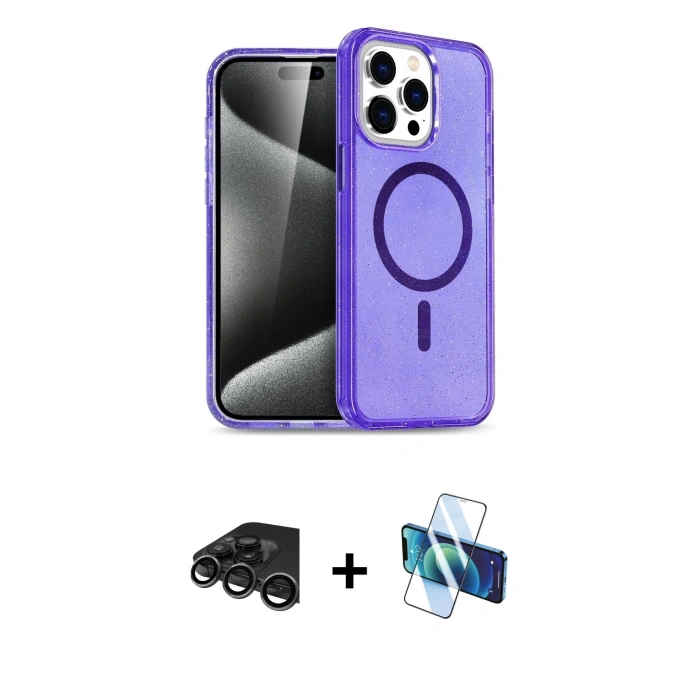 MARSİLYAN™- iPhone 15 Pro Kılıf Eksen Doku Koleksiyonu - Siyah 3D Antistatik Seramik Nano Ekran Koruyucu + Raze Metal Kamera Lens - TMGI