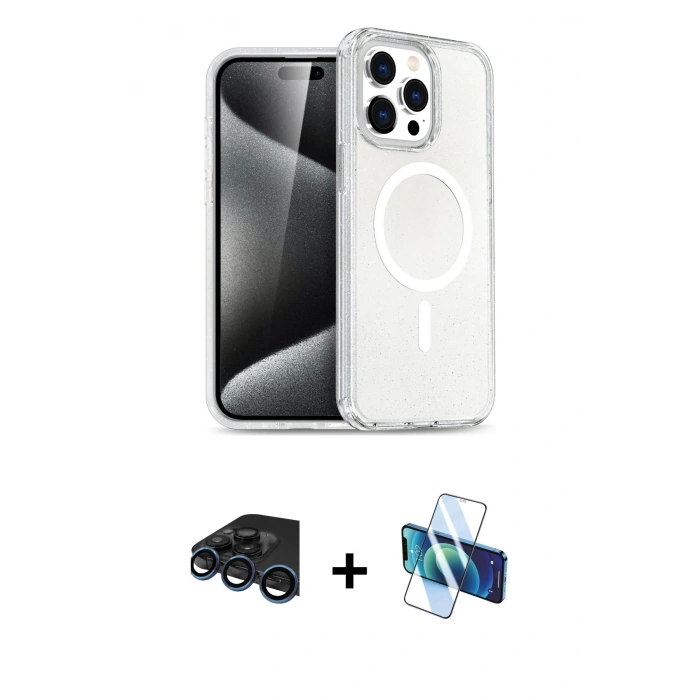 MARSİLYAN™- iPhone 15 Pro Kılıf Eksen Doku Koleksiyonu - Siyah 3D Antistatik Seramik Nano Ekran Koruyucu + Raze Metal Kamera Lens - LT