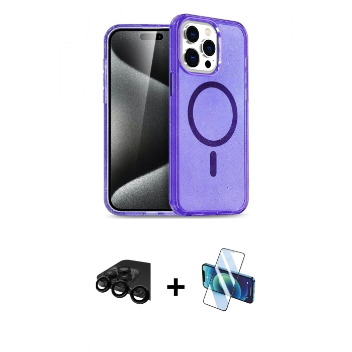 MARSİLYAN™- iPhone 15 Pro Kılıf Eksen Doku Koleksiyonu - Siyah 3D Antistatik Seramik Nano Ekran Koruyucu + Raze Metal Kamera Lens - SH