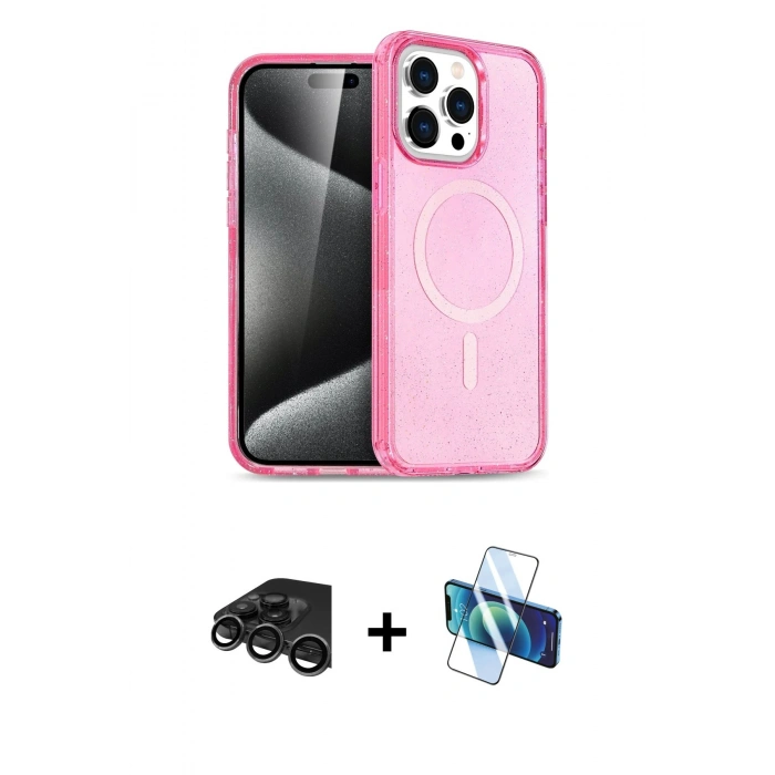 MARSİLYAN™- iPhone 15 Pro Kılıf Eksen Doku Koleksiyonu - Siyah 3D Antistatik Seramik Nano Ekran Koruyucu + Raze Metal Kamera Lens - TMGI