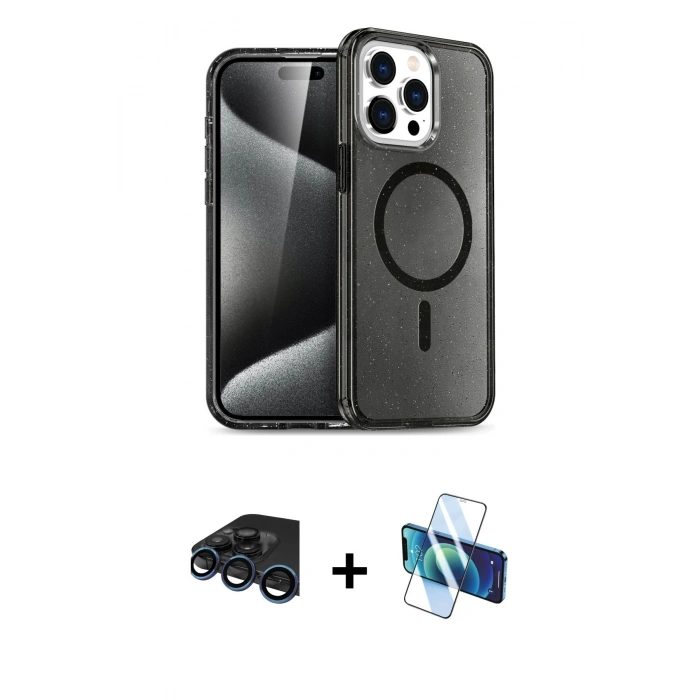 MARSİLYAN™- iPhone 15 Pro Kılıf Eksen Doku Koleksiyonu - Siyah 3D Antistatik Seramik Nano Ekran Koruyucu + Raze Metal Kamera Lens - LT