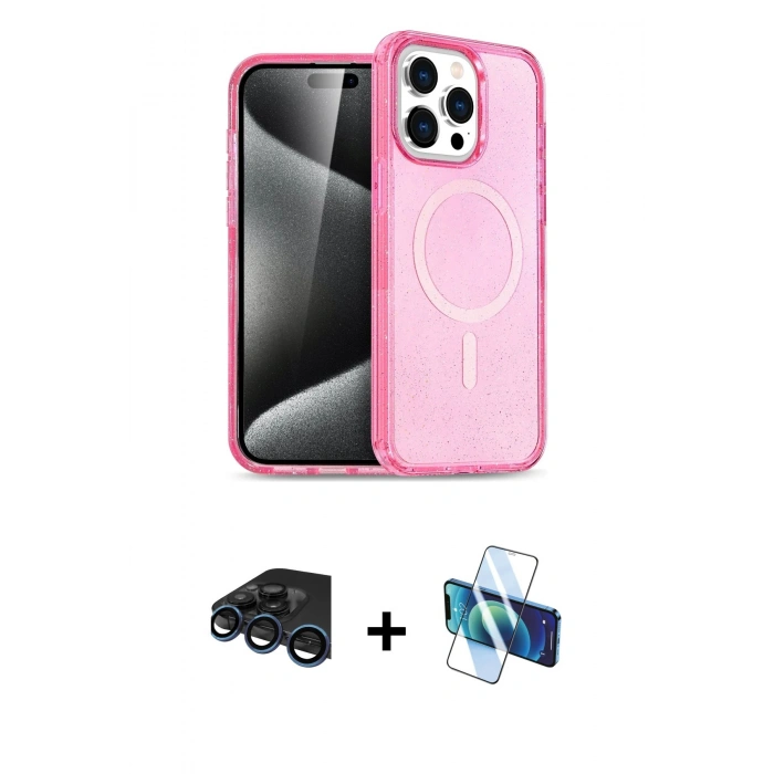 MARSİLYAN™- iPhone 15 Pro Kılıf Eksen Doku Koleksiyonu - Siyah 3D Antistatik Seramik Nano Ekran Koruyucu + Raze Metal Kamera Lens - LT