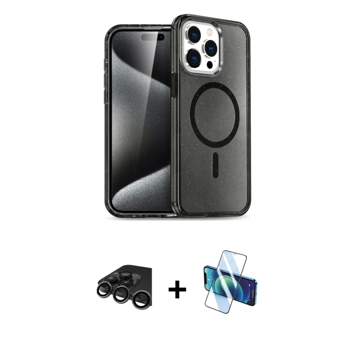 MARSİLYAN™- iPhone 15 Pro Kılıf Eksen Doku Koleksiyonu - Siyah 3D Antistatik Seramik Nano Ekran Koruyucu + Raze Metal Kamera Lens - TMGI