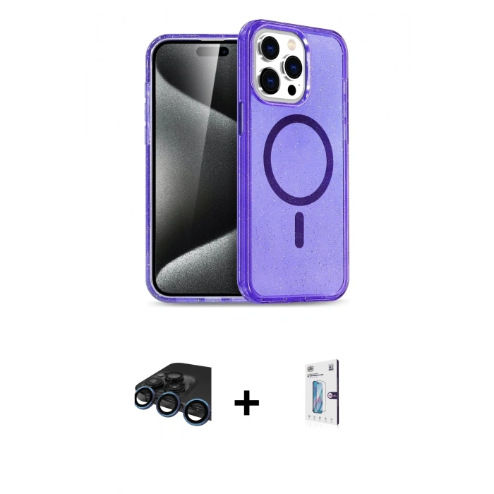 MARSİLYAN™- iPhone 15 Pro Kılıf Eksen Doku Koleksiyonu - Siyah Bilvis 0.18mm Plus Cam Ekran Koruyucu + Raze Metal Kamera Lens - LT