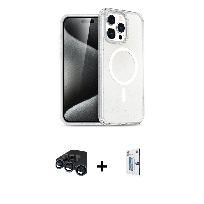 MARSİLYAN™- iPhone 15 Pro Kılıf Eksen Doku Koleksiyonu - Siyah Bilvis 0.18mm Plus Cam Ekran Koruyucu + Raze Metal Kamera Lens - LT