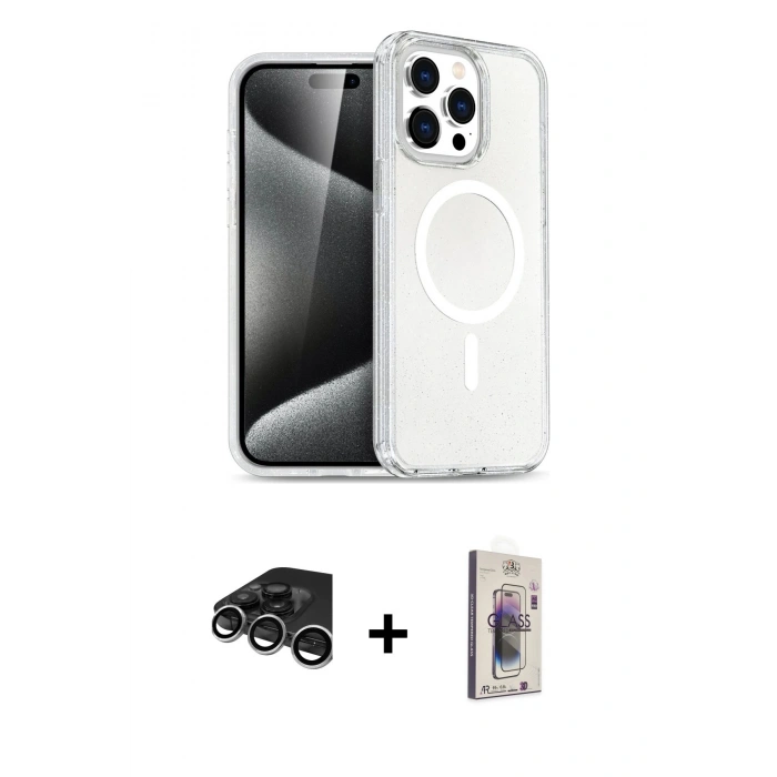 MARSİLYAN™- iPhone 15 Pro Kılıf Eksen Doku Koleksiyonu - Siyah Bilvis 3D Cam Ekran Koruyucu + Gümüş Raze Metal Kamera Lens