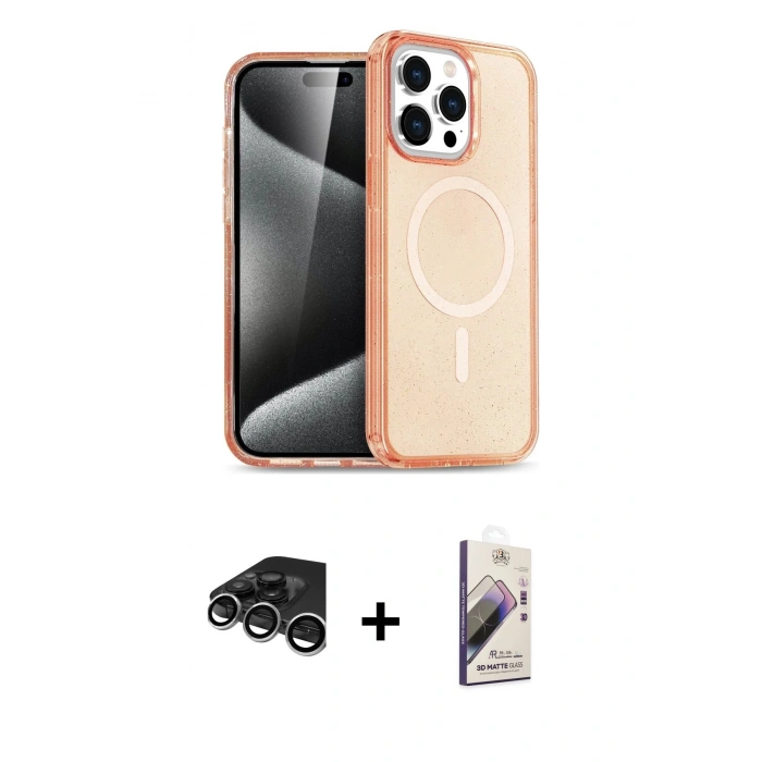 MARSİLYAN™- iPhone 15 Pro Kılıf Eksen Doku Koleksiyonu - Siyah Bilvis 3D Mat Cam Ekran Koruyucu + Raze Metal Kamera Lens - GS