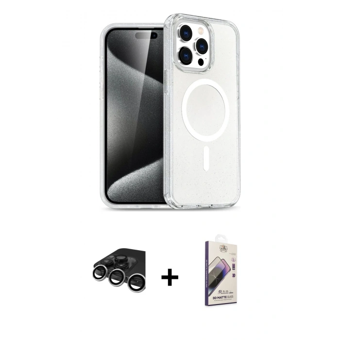 MARSİLYAN™- iPhone 15 Pro Kılıf Eksen Doku Koleksiyonu - Siyah Bilvis 3D Mat Cam Ekran Koruyucu + Raze Metal Kamera Lens - GS
