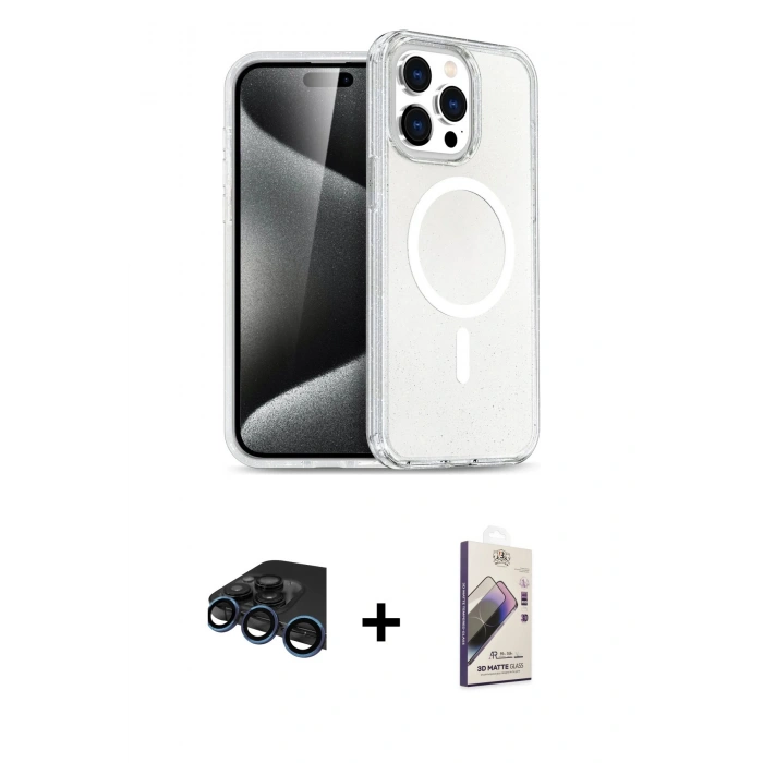 MARSİLYAN™- iPhone 15 Pro Kılıf Eksen Doku Koleksiyonu - Siyah Bilvis 3D Mat Cam Ekran Koruyucu + Raze Metal Kamera Lens - LT