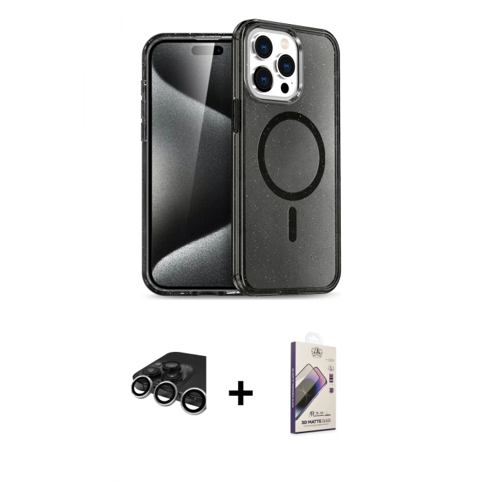 MARSİLYAN™- iPhone 15 Pro Kılıf Eksen Doku Koleksiyonu - Siyah Bilvis 3D Mat Cam Ekran Koruyucu + Raze Metal Kamera Lens - GS